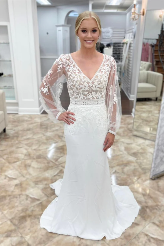 White Deep V Neck Illusion Sleeves Appliques Mermaid Long Wedding Dress,DP1320