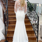 White Deep V Neck Illusion Sleeves Appliques Mermaid Long Wedding Dress,DP1320