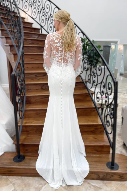 White Deep V Neck Illusion Sleeves Appliques Mermaid Long Wedding Dress,DP1320