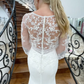 White Deep V Neck Illusion Sleeves Appliques Mermaid Long Wedding Dress,DP1320