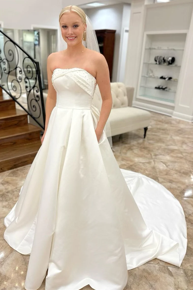 White Strapless Bow-Back Pearls A-Line Wedding Dress,DP1321