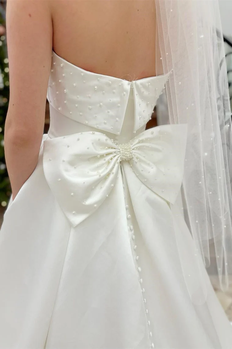 White Strapless Bow-Back Pearls A-Line Wedding Dress,DP1321