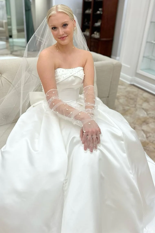 White Strapless Bow-Back Pearls A-Line Wedding Dress,DP1321