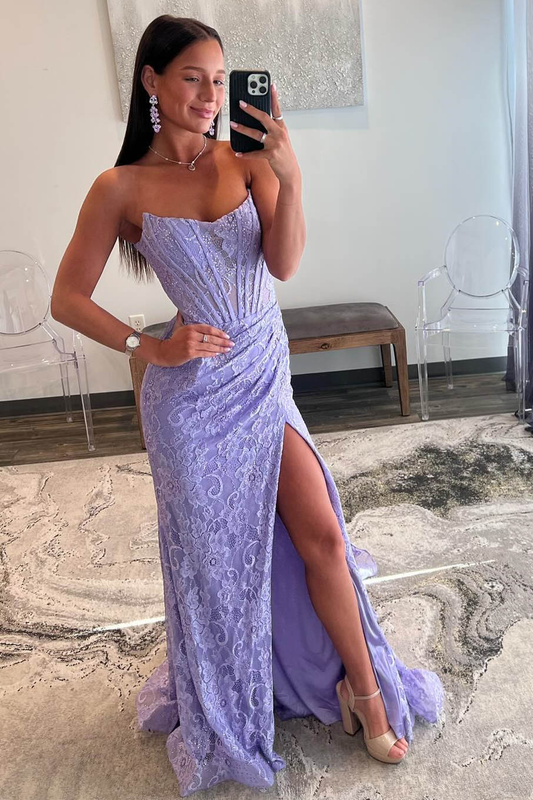 Lavender Strapless Lace Ruched Mermaid Long Prom Dress with Slit,DP1322