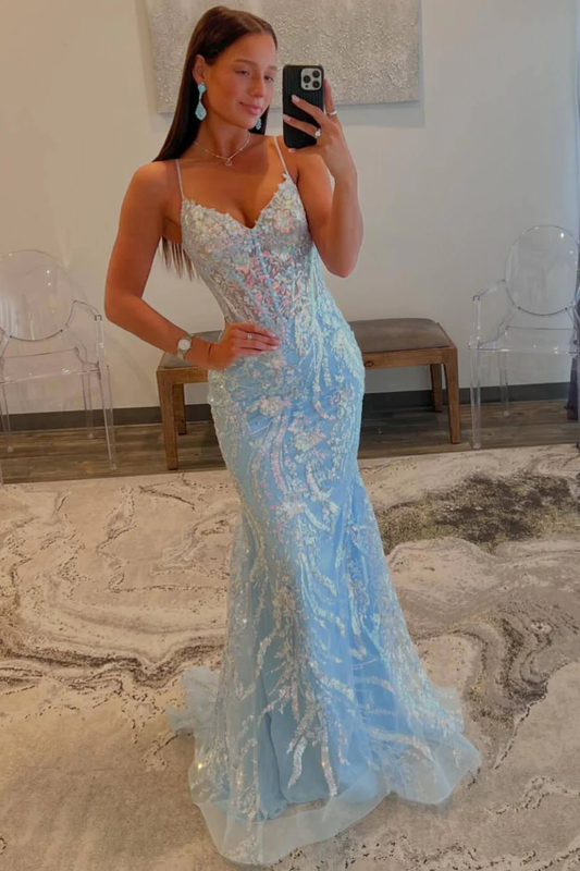 Light Blue Straps V-Neck Sequin Appliques Mermaid Long Prom Dress,DP1323