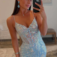 Light Blue Straps V-Neck Sequin Appliques Mermaid Long Prom Dress,DP1323