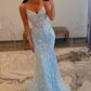 Light Blue Straps V-Neck Sequin Appliques Mermaid Long Prom Dress,DP1323