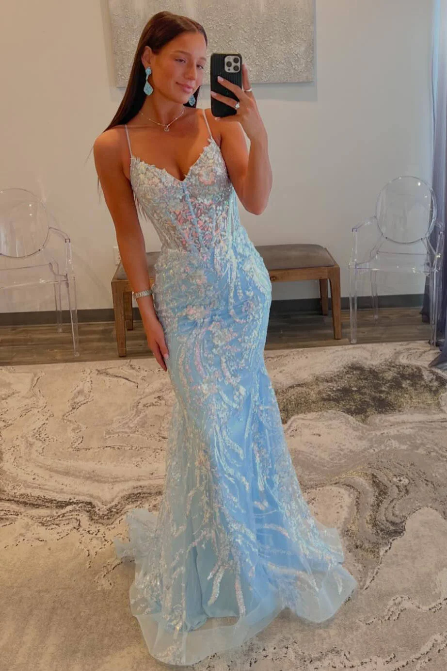 Light Blue Straps V-Neck Sequin Appliques Mermaid Long Prom Dress,DP1323