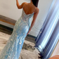 Light Blue Straps V-Neck Sequin Appliques Mermaid Long Prom Dress,DP1323