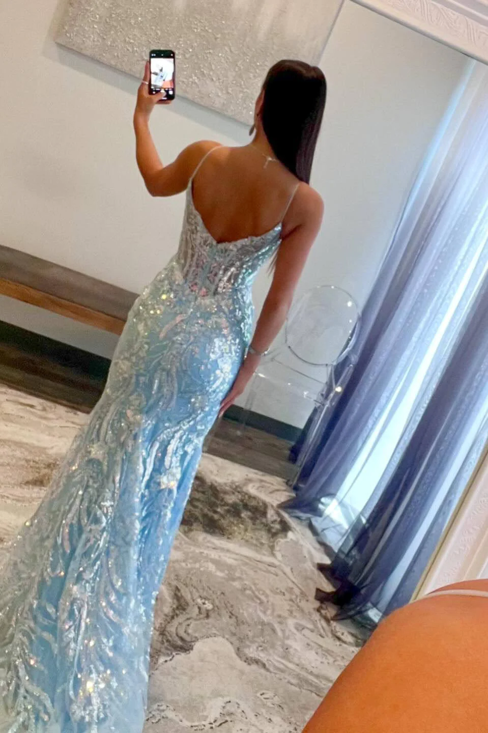 Light Blue Straps V-Neck Sequin Appliques Mermaid Long Prom Dress,DP1323