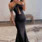 Black Halter Off the Shoulder Beaded Mermaid Long Prom Dress,DP1324