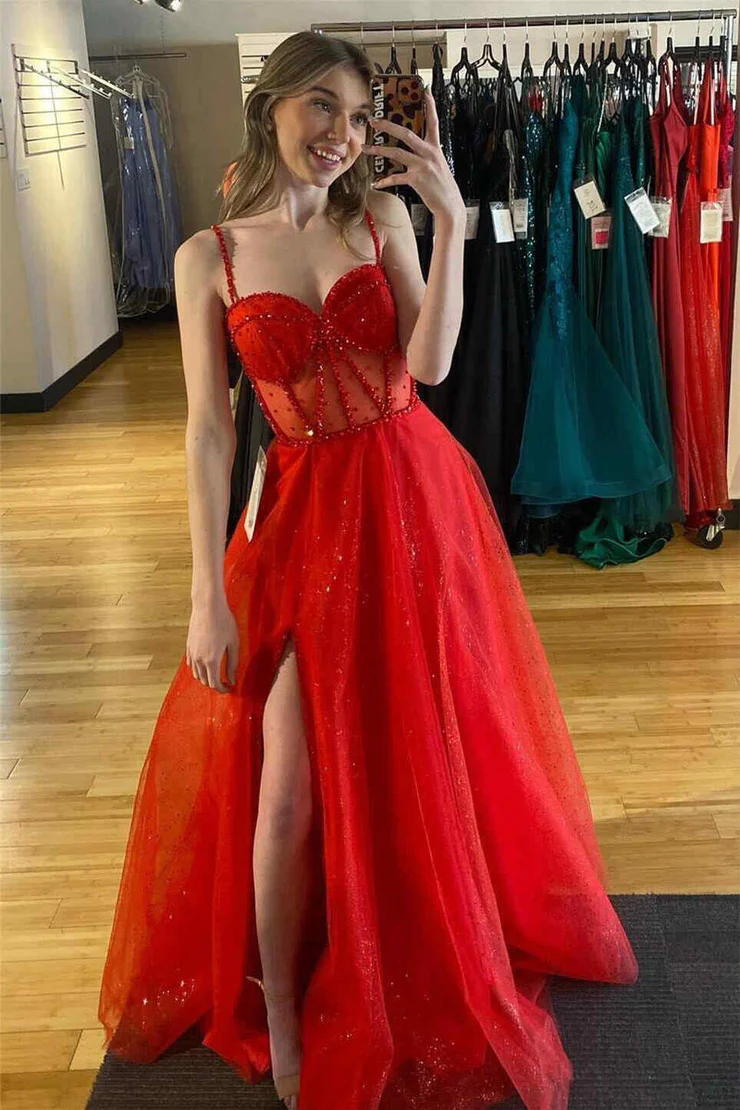 Glitter Red Straps Beaded A-Line Formal Party Dress with Slit,DP1325