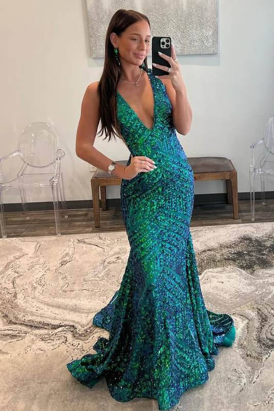 Green Sequins V Neck Mermaid Long Prom Dress Formal Party Dress,DP1326