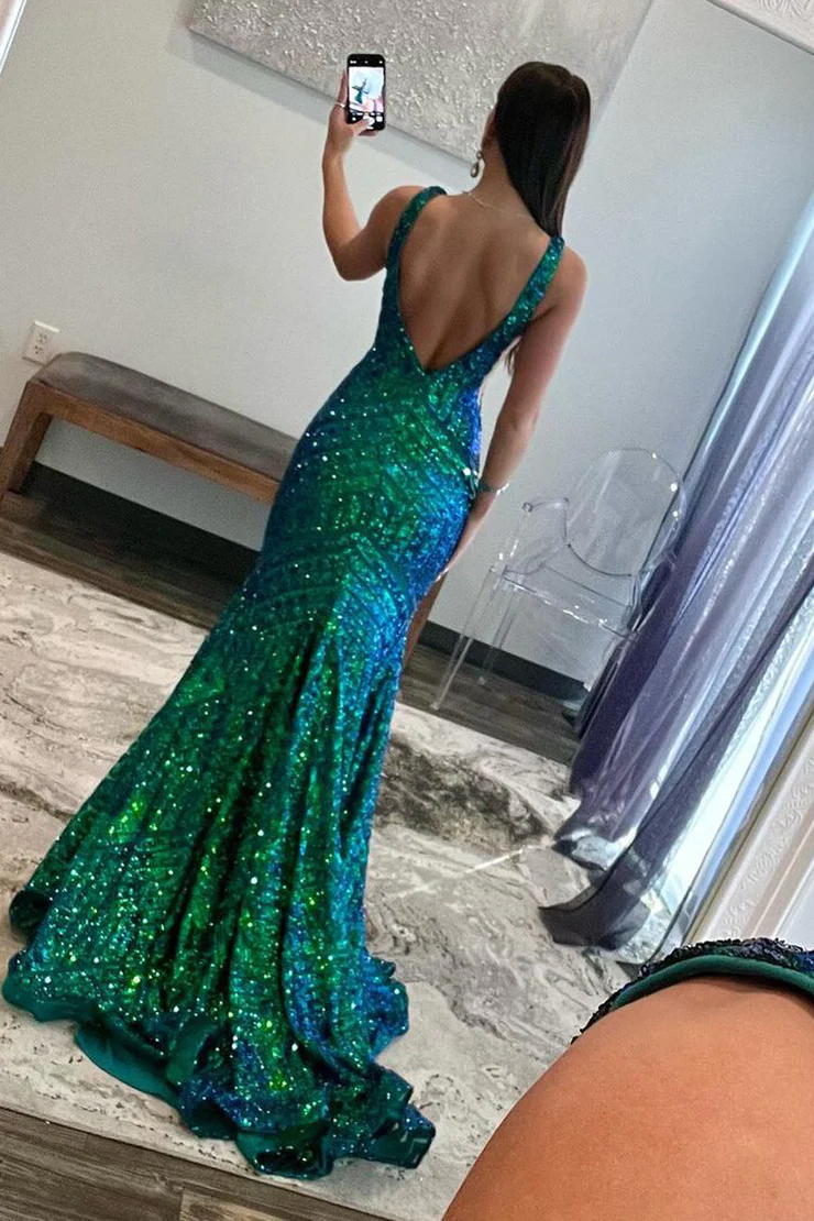 Green Sequins V Neck Mermaid Long Prom Dress Formal Party Dress,DP1326