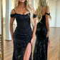 Classic Black Off Shoulder Beadings Appliques Long Prom Dress With High Slit,DP1328