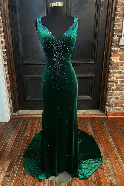 Emerald Velvet V-Neck Cutout Back Mermaid Long Formal Dress,DP1329