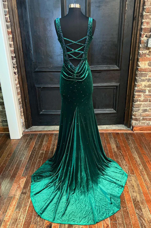 Emerald Velvet V-Neck Cutout Back Mermaid Long Formal Dress,DP1329