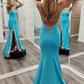 Blue Beaded V-Neck Backless Mermaid Long Prom Dress with Slit,DP1330