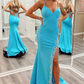 Blue Beaded V-Neck Backless Mermaid Long Prom Dress with Slit,DP1330