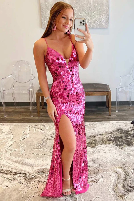 Pink Oval Glass Mirror V-Neck Long Prom Dress with Slit,DP1331