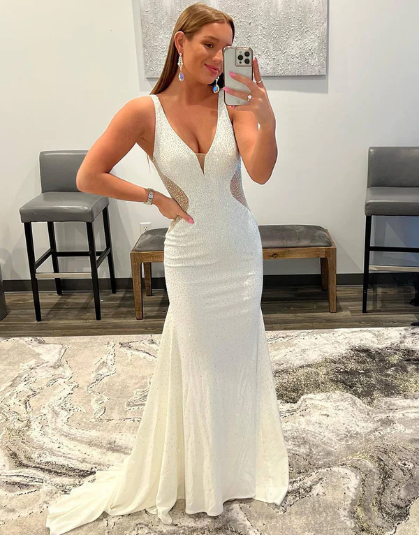 White Mermaid Beaded Backless Long Prom Dress,DP1334