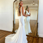 White Mermaid Deep V-Neck Beaded Satin Long Prom Dress,DP1335