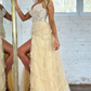 A-Line Sweetheart Champagne Tulle Prom Dresses with Appliques,DP1337