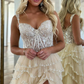 A-Line Sweetheart Champagne Tulle Prom Dresses with Appliques,DP1337