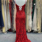 Red Sequined Mermaid Straps Deep V-neck Long Prom Dress with Slit,DP1341