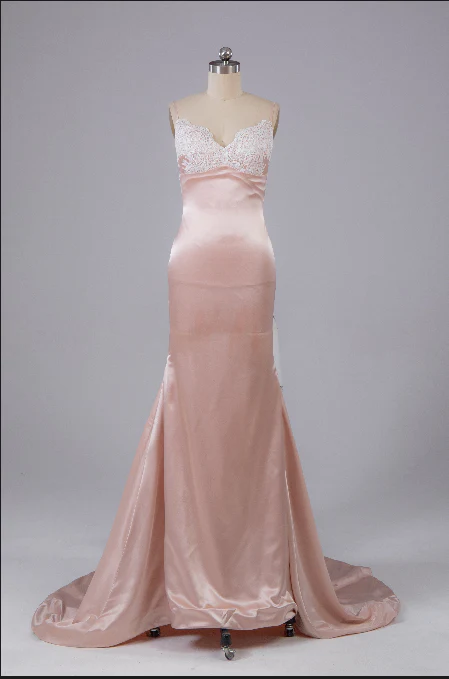 Pearl Pink Open Back Sweep Train Prom Dress with Lace Appliques,DP1342