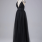 Black Elegant Tulle A-Line Backless Floor Length Prom Dress Formal Party Dress,DP1343