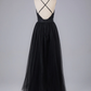 Black Elegant Tulle A-Line Backless Floor Length Prom Dress Formal Party Dress,DP1343