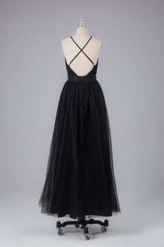 Black Elegant Tulle A-Line Backless Floor Length Prom Dress Formal Party Dress,DP1343