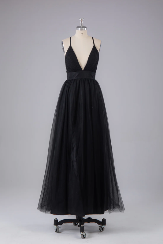 Black Elegant Tulle A-Line Backless Floor Length Prom Dress Formal Party Dress,DP1343