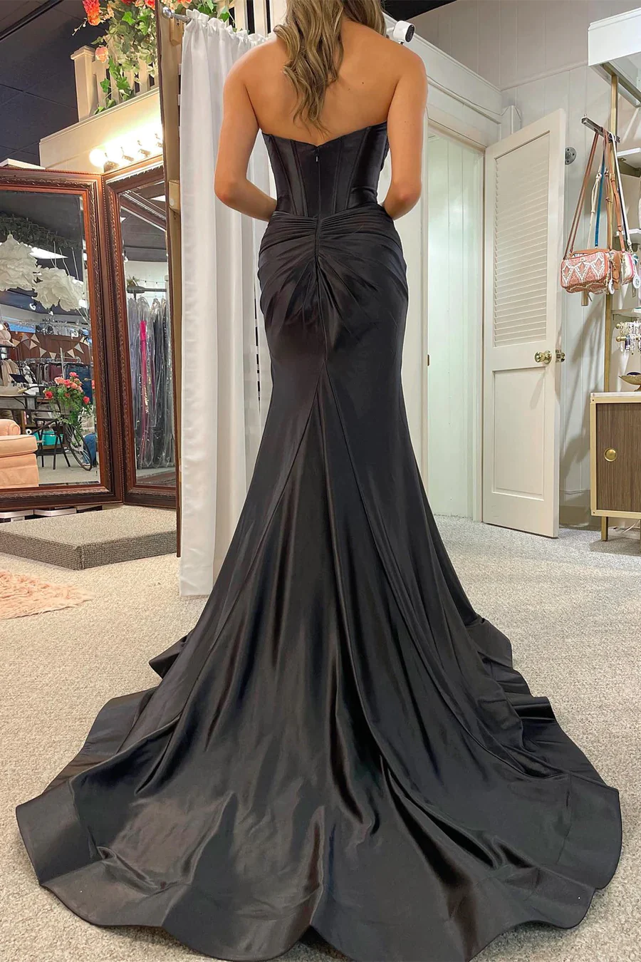 Black Strapless Satin Long Prom Dress with High Slit Formal Party Dress,DP1344