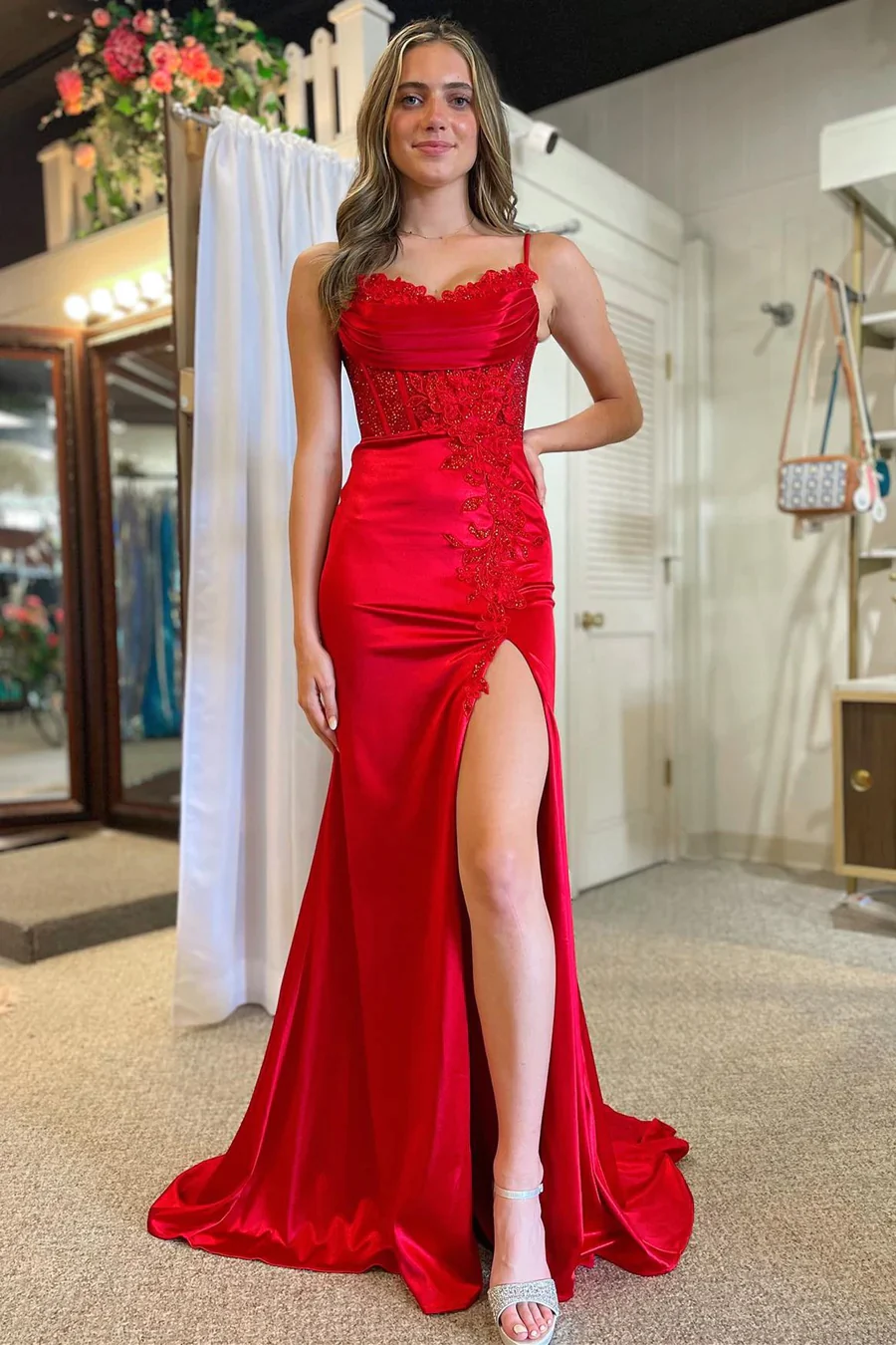 Charming Red Spaghetti Straps Lace Appliques Long Prom Dress with Slit,DP1345