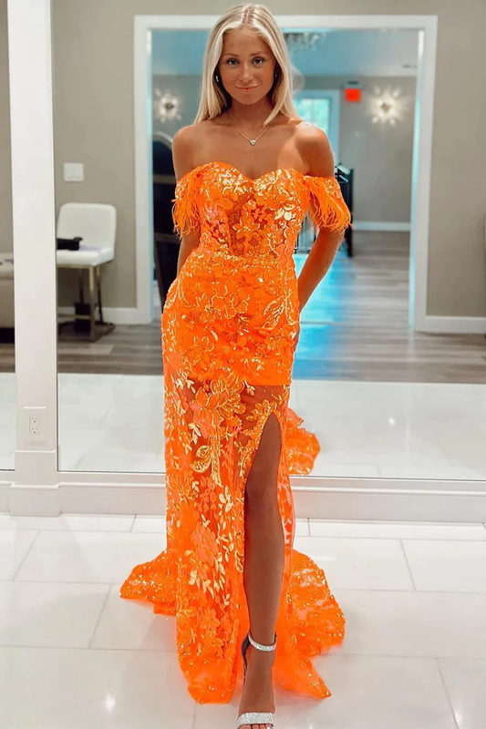 Orange Off The Shoulder Lace Appliques Long Prom Dress with Feathers,DP1346