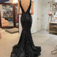 Black V Neck Sequins Backless Mermaid Long Prom Dress,DP1347