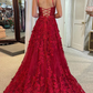 Red A-Line Spaghetti Straps Scoop Neck Sequins Lace Long Prom Dress,DP1349