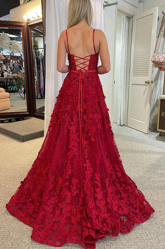 Red A-Line Spaghetti Straps Scoop Neck Sequins Lace Long Prom Dress,DP1349