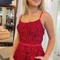 Red A-Line Spaghetti Straps Scoop Neck Sequins Lace Long Prom Dress,DP1349