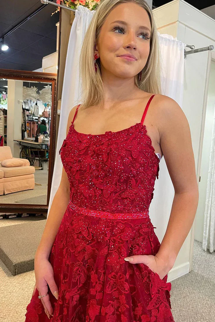 Red A-Line Spaghetti Straps Scoop Neck Sequins Lace Long Prom Dress,DP1349