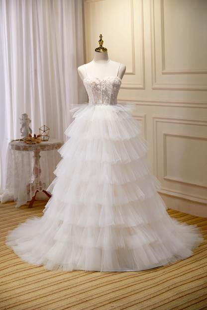 White Pretty Spaghetti Straps Appliques A-Line Tulle Layers Long Prom Dress Ball Gown,DP1351