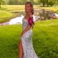 Silver One Shoulder Sequined Long Prom Dress with Slit,DP1354