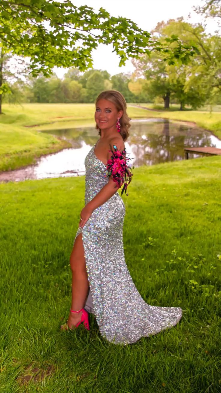 Silver One Shoulder Sequined Long Prom Dress with Slit,DP1354