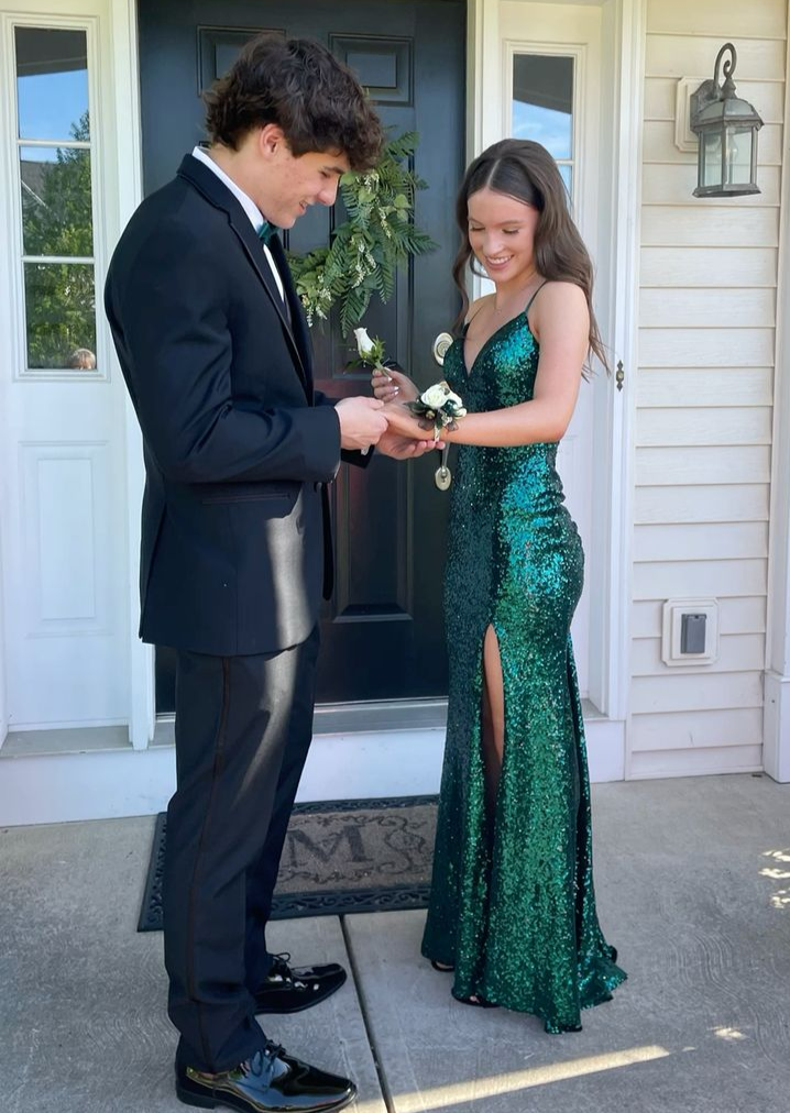 Emerald Green Backless Sequined Long Prom Dress with Slit,DP1355