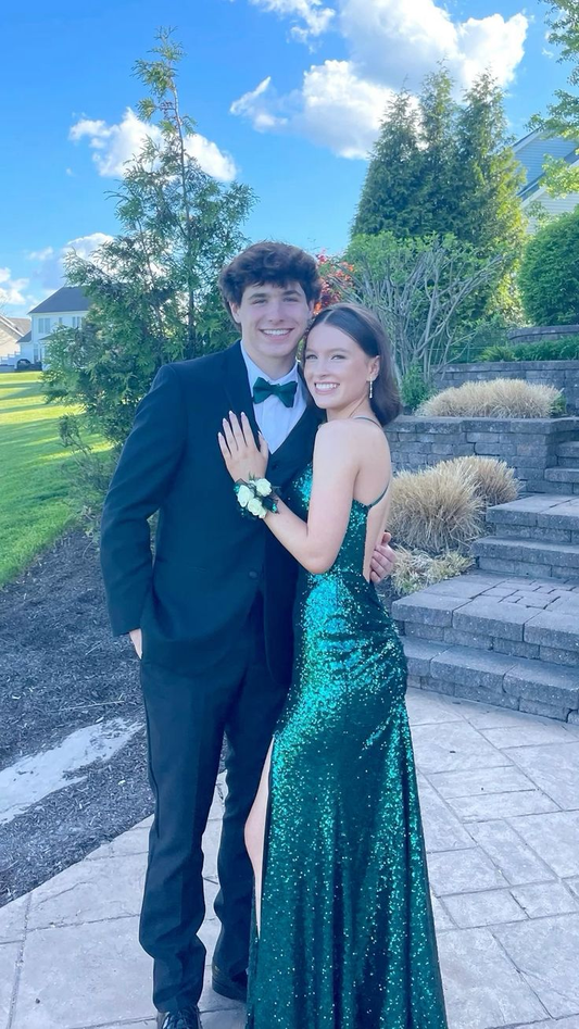 Emerald Green Backless Sequined Long Prom Dress with Slit,DP1355