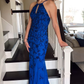 Royal Blue Halter Sequined Tulle Mermaid Formal Party Dress,DP1357