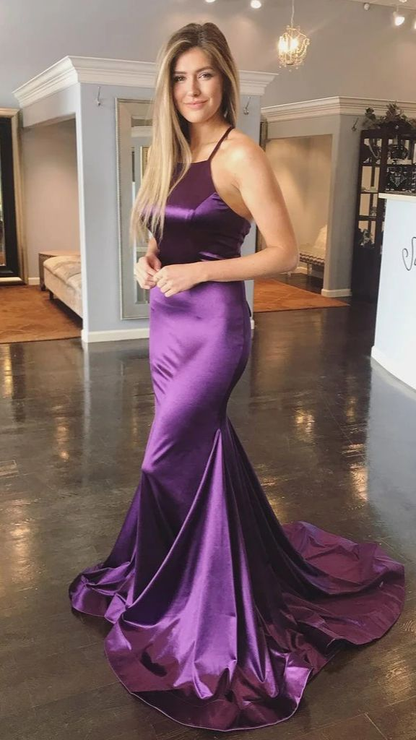 Purple Halter Lace Up Back Satin Mermaid Formal Party Dress,DP1359