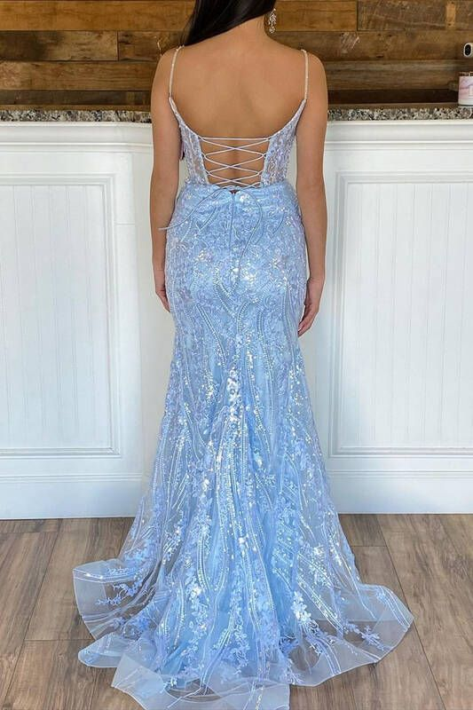 Light Blue Straps Tulle Sequins Mermaid Long Prom Dress,DP1360